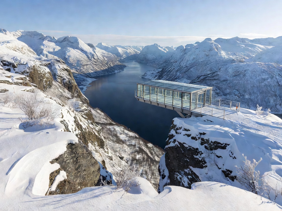Geiranger Skywalk platform at Dalsnibba peak surrounded by snow and overlooking the fjord