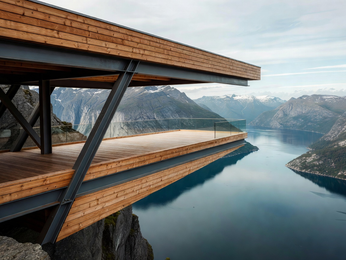 Laminated pine and steel structure of Stegastein overlook projecting out over the Aurlandsfjord