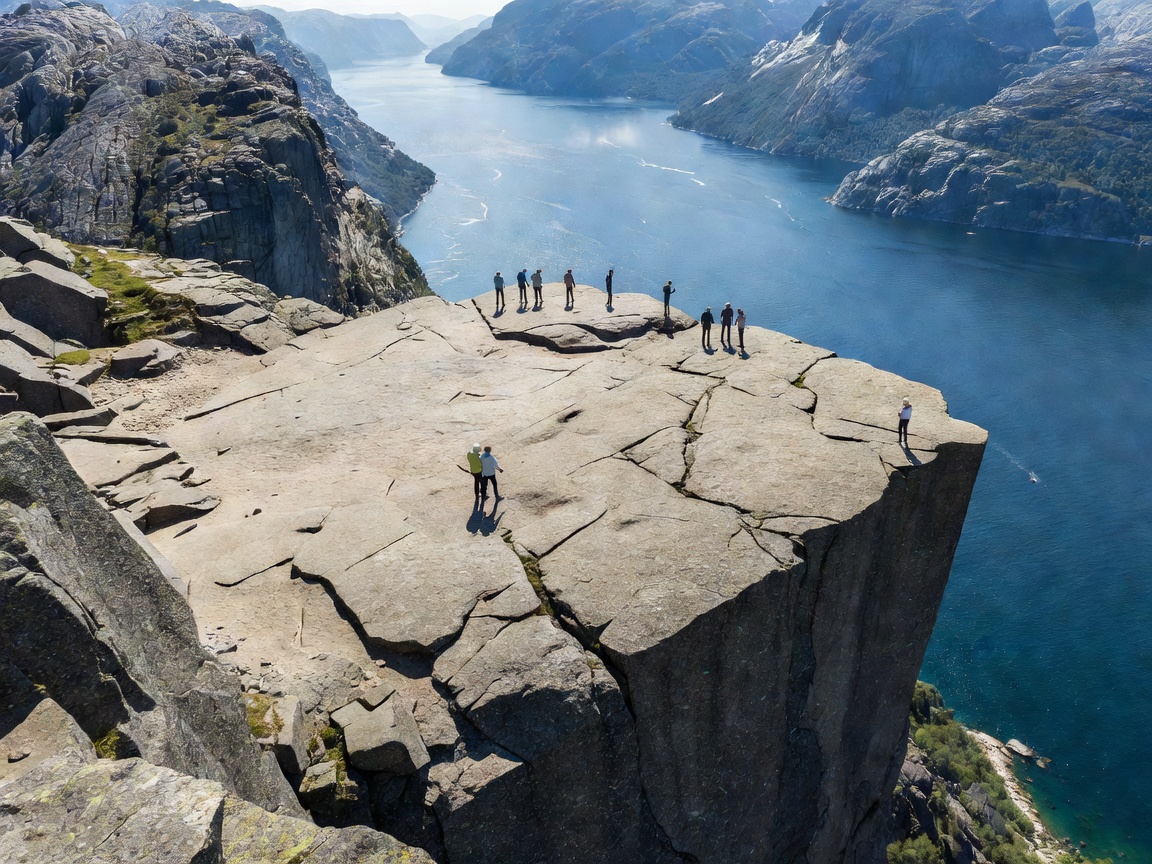 Square cliff plateau of Preikestolen overlooking the blue waters of Lysefjord
